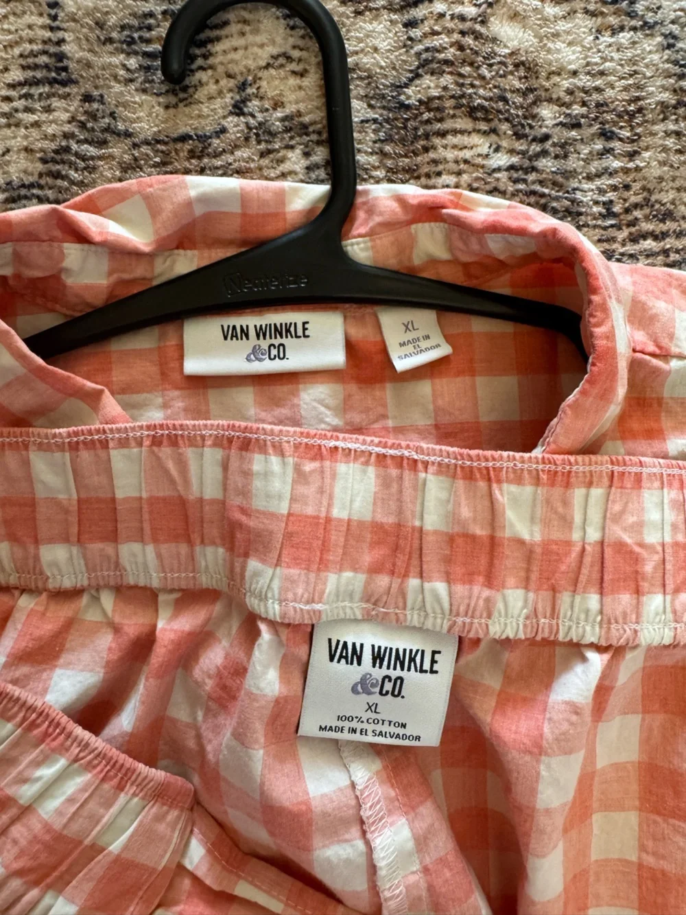 Gingham Button-Up PJ Shirt & Shorts in Peach and White